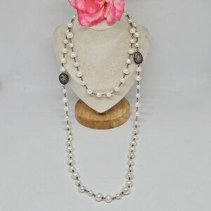 White Pearl & Rhinestone Long Beaded Necklace 44" Elegant Jewelry